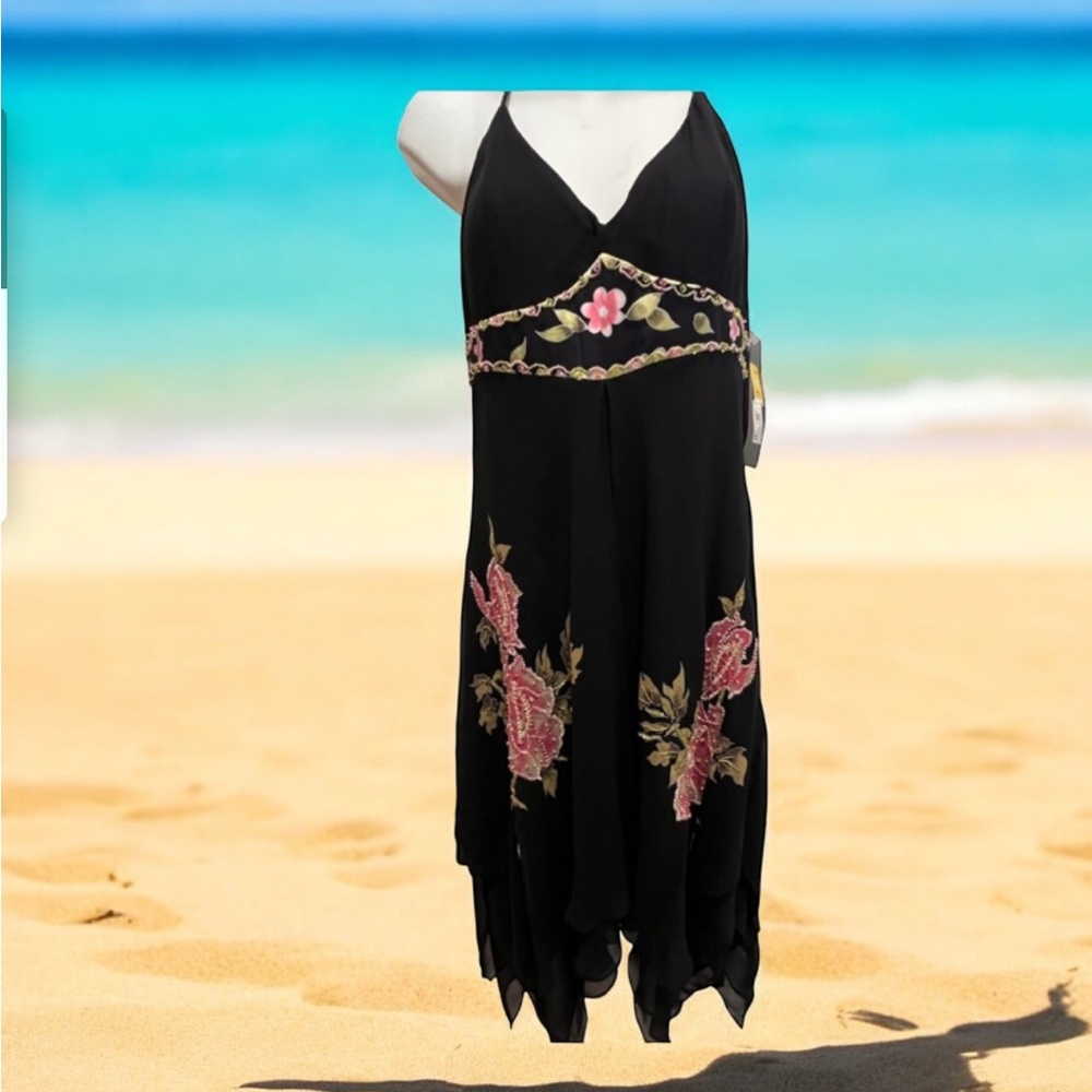 Sue Wong Black Silk  hand embroidered beaded sequins Dress Midi Flare NWT sz 12